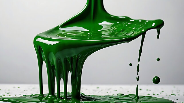 A close-up shot of a paintbrush with a green handle resting in a fresh puddle of spilled green paint.