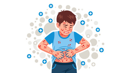 A young boy with a severe rash and stomach ache is shown in an illustration, depicting the symptoms of a childhood illness or allergic reaction.