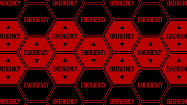 ハニカム構造の六角形にEMERGENCYの文字が点滅するトランジション,警告,危険,幾何学的,赤黒,ワイプ, アルファチャンネル,
Transition with flashing word EMERGENCY in hexagon with honeycomb structure, warning, danger, geometric, red-black, wipe