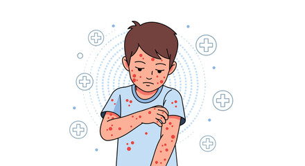 A young boy is depicted with a rash, scratching his arm due to the discomfort caused by measles or another viral infection, set against a white background.