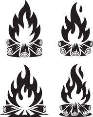 Campfire Flame Icons Set – Black Wood Fire Vector Design