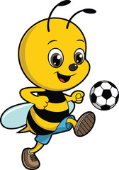Obraz premium Cartoon Bee Playing Soccer, Fun Insect Character, Sports Illustration, Kids Art, Summer Scene, Nature Background, Vector Design, Cute Mascot