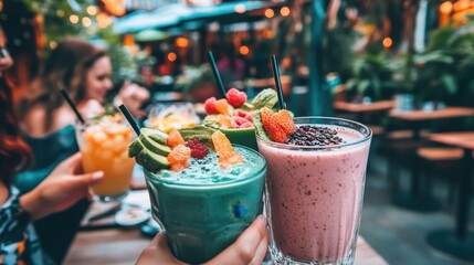 Colorful Smoothie Drinks at Outdoor Café with Friends and Plants