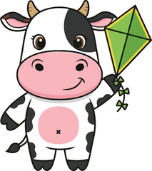 Cartoon Cow Flying Green Kite, Cute Farm Animal, Whimsical Character, Outdoor Fun, Vector Illustration, Nature Theme, Kids Art, Playful Scene