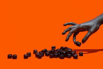 A black hand with long nails and its arm on Halloween giving black candy, a scary scene on an orange background.