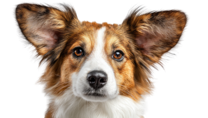 Close-up of a dog's head.  Large ears,  light brown, white, and reddish-tan fur;  alert gaze;  dog's face is focused;  short muzzle;  deep brown eyes