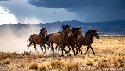 Majestic herd of wild horses gallops across the plains under a dramatic sky