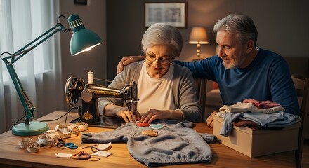 Elderly woman sewing with a vintage machine, supported by her husband.
