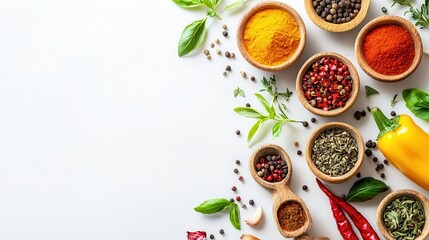 Colorful Spices and Herbs Displayed in Wooden Bowls on White Surface