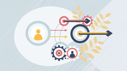 Illustration showing a person reaching targets through gears and arrows for business strategy