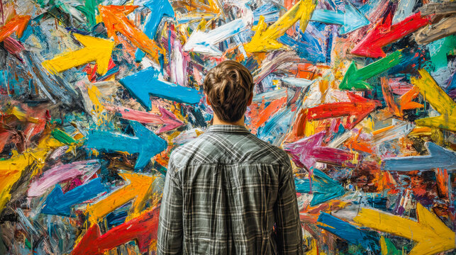 A person contemplating a colorful abstract mural with multiple directional arrows