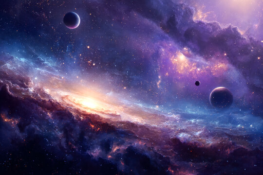 Vast cosmic galaxy with multiple planets and vibrant nebulae in deep space