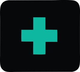 Simple teal plus symbol centered on a black square with rounded corners representing addition or medical care