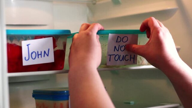 Dramatic and angry labels on meal prep containers in work fridge. Great for office themed social media content, viral workplace trends and humor.