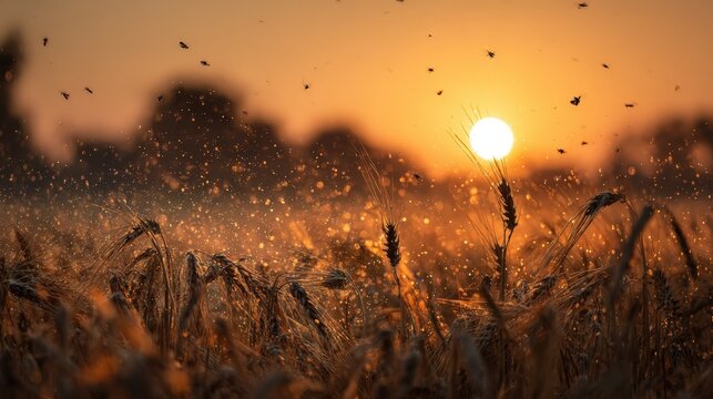 Golden wheat field at sunset with sun rays piercing through stalks and airborne chaff creating a warm, atmospheric agricultural scene of harvest and nature