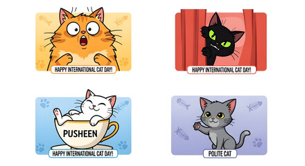 Set of illustrated cat characters celebrating. Includes a surprised ginger cat, a peeking black cat, and a waving grey cat in a cartoon style.