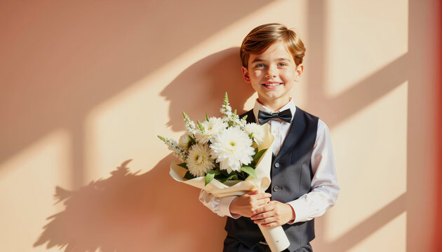Smiling boy in formal wear holding bouquet of flowers with sunlit background, concept of Back to school, 300 ppi  