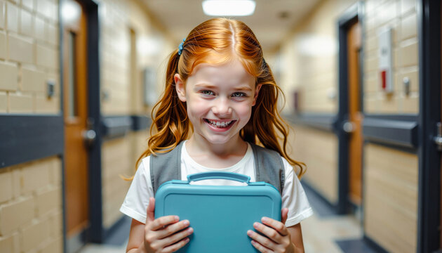 Smiling red haired girl holding lunchbox in school hallway for Back to school