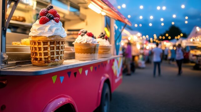 Colorful Ice Cream Cones on Food Truck Amid Vibrant Night Market