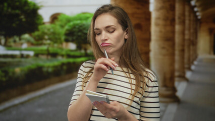 Young caucasian woman writes on spiral notepad with pen and hand inside building corridor; thoughtful reflection.