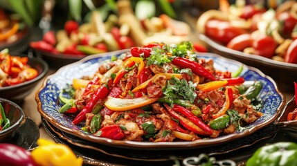 Colorful Spicy Stir-Fried Vegetables on Plate with Fresh Herbs