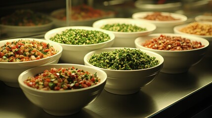 Fototapeta premium Colorful Bowls of Fresh Salad Ingredients in a Restaurant Display