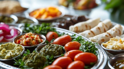 Colorful Indian Cuisine Platter with Spices, Vegetables, and Sauces