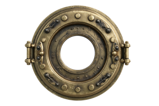 Ornate brass porthole, circular shape, detailed design