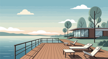 Fototapeta premium Lakeside Retreat Modern Home On A Deck Overlooking Serene Waters