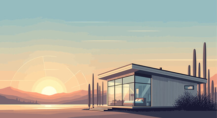 Fototapeta premium Desert Modern Home At Sunset Peaceful Minimalist Architecture