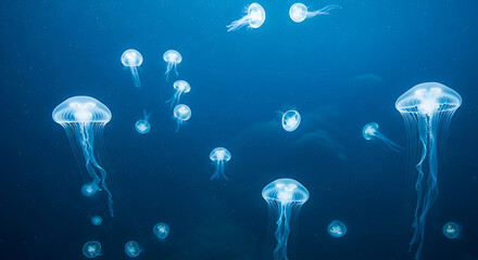 A mesmerizing bloom of luminous jellyfish gracefully swimming in the deep blue ocean depths.