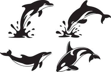 Jumping Dolphin Silhouette Vector Set on White Background