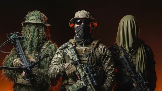 Three soldiers in camouflage gear, one with a ghillie suit and crossbow, stand ready with rifles, exuding a sense of tactical preparedness and covert operations