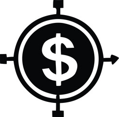 A clear black and white graphic featuring a prominent white dollar sign at the center of a circular target with directional arrows