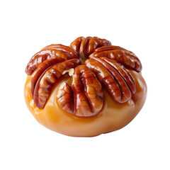Fototapeta premium Detailed close-up of shiny pecan nut in a rich golden color on a white background for food photography, healthy snacks, and cooking inspirations