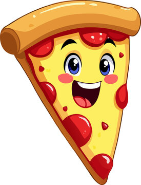 Naklejki Smiling Pizza Slice Sticker with Melting Cheese and Pepperoni in Cute Cartoon Style