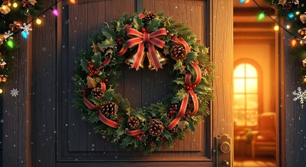 Festive christmas wreath with red ribbon and bells on a rustic wooden door with colorful lights for holiday decoration.