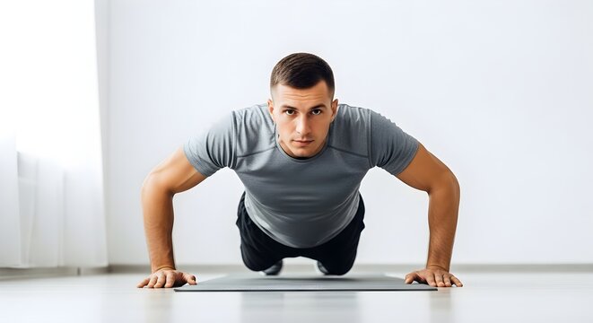 A man holding a plank pose on a yoga mat. Fitness workout and physical exercise concept in a gym for healthy lifestyle.