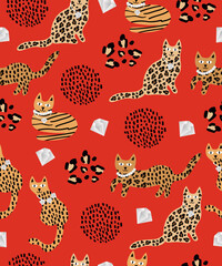 Leopard pattern cute cats on a red background.
