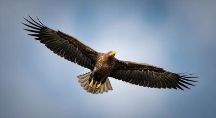 Sea eagle in flight with wings spread against a light blue sky. Majestic wild bird of prey soaring freely in air.