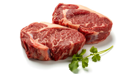 Obraz premium A high-quality product photograph of two raw beef steaks on a pure white background. 