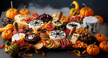 Halloween charcuterie board with pumpkins, cheese, meats, and spooky decorations : food and drinks for halloween