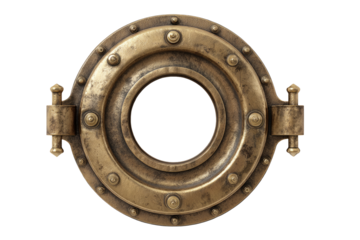 Circular, ornate brass porthole.  Metal, detailed design, rivets, and  brackets