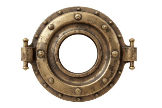 Circular, ornate brass porthole.  Metal, detailed design, rivets, and  brackets