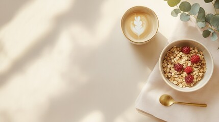Breakfast scene with oat cereal, raspberries, and coffee