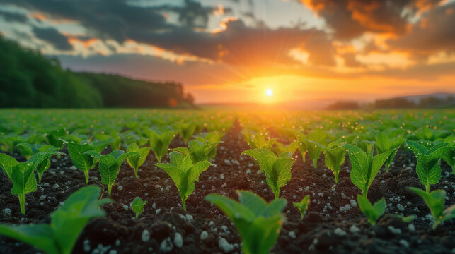 Sunrise over a field of new growth plants, dew drops visible. Warm sunlight brings promise to the land.