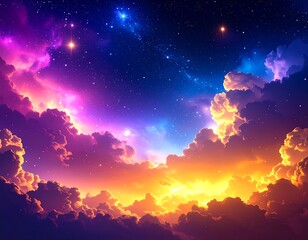 Naklejka premium Vibrant, colorful cloudscape at sunset, stars and nebulae fill the night sky