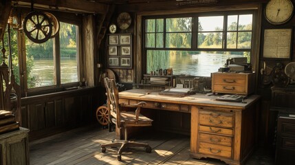 Wooden office interior with river view.