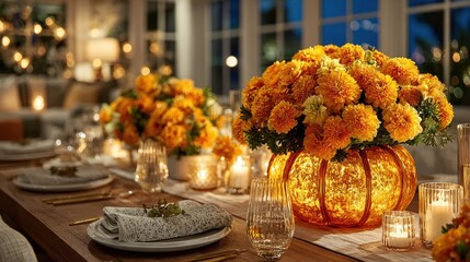 Warm lit autumnal dining table setting with marigold flower arrangements in glowing pumpkin vases, candles, and elegant place settings.