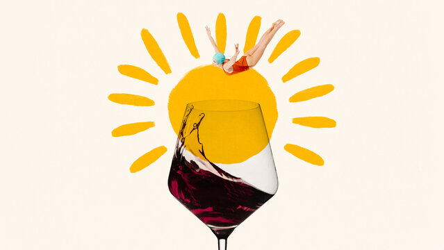 Graphic composition of female diver jumping into red wine glass with yellow sun rays on cream background. Concept of art poster, hotel branding, wellness drink label, editorial collage, food campaign. - Powered by Adobe